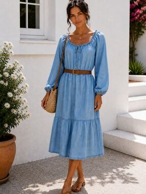BeachLunchLounge Lyocell Chambray Peasant Midi Dress Blue L